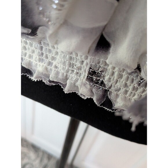 WHBM Silk Blouse Women's S Black White Silver Clip Dot Floral Ruched Romantic - Picture 7 of 13